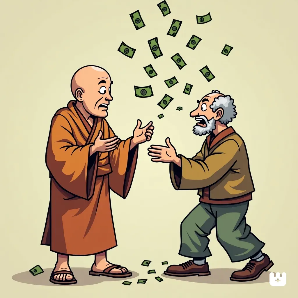 An image of a Buddhist monk showing a homeless man with money like in the Jim Carey Movie Liar Liar