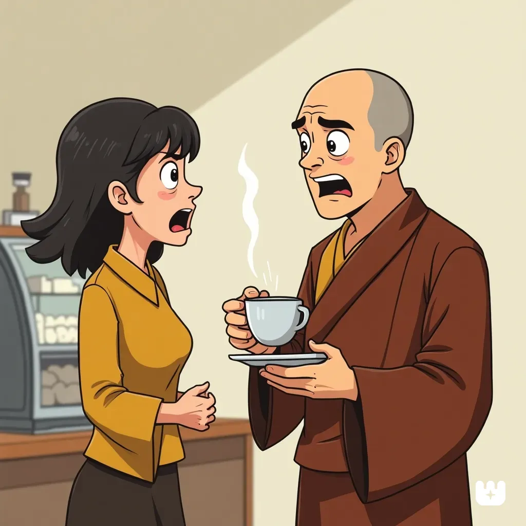 A woman yelling at a buddhist monk working at a coffee shop. An example of violating right speech