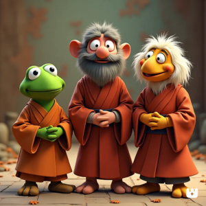 an AI generation of Jim Henson's muppets dressed up as Buddhist monks