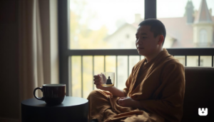 A image of the Buddha in a coffee cup. Representing mindfulness in your morning routine.