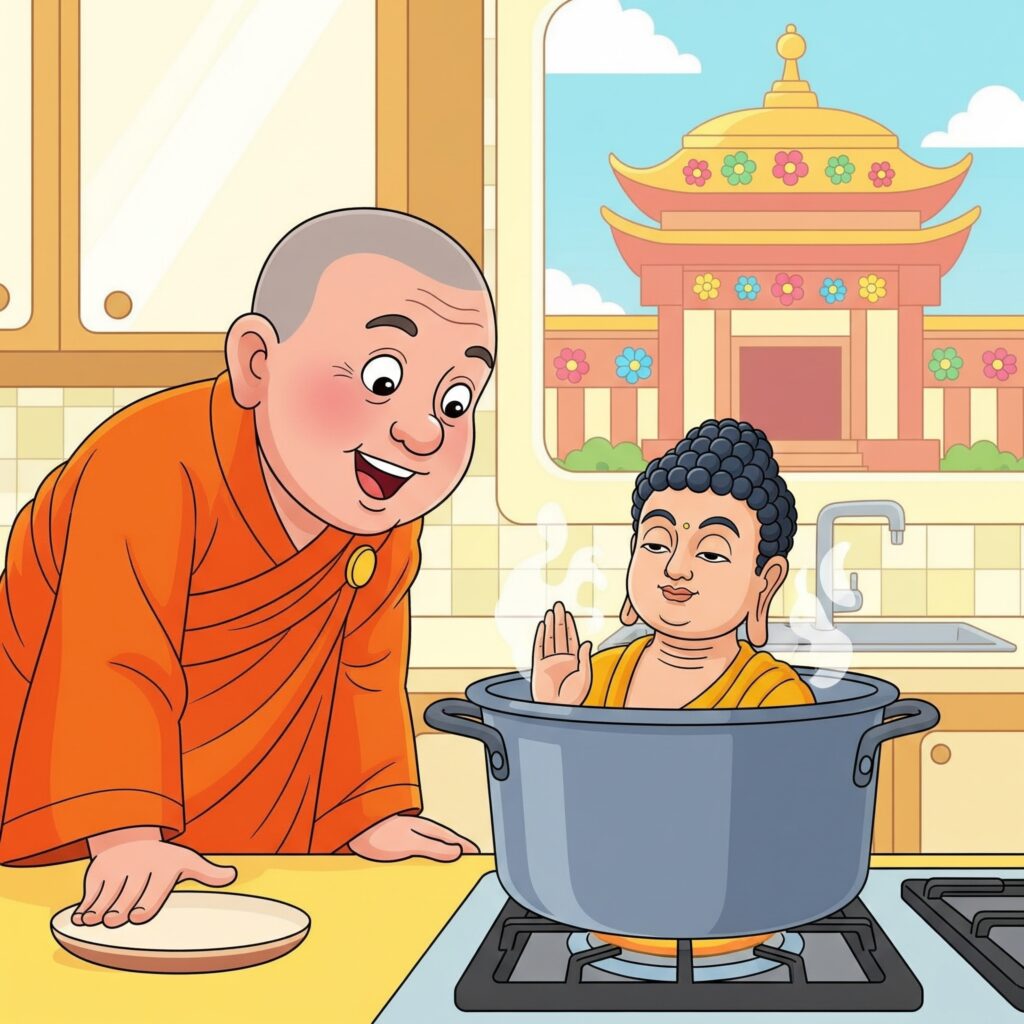 An image of a buddhist monk seeing the dharma and the buddha in a cooking pot. Art inspired by Dogen's "instructions to the tenzo"