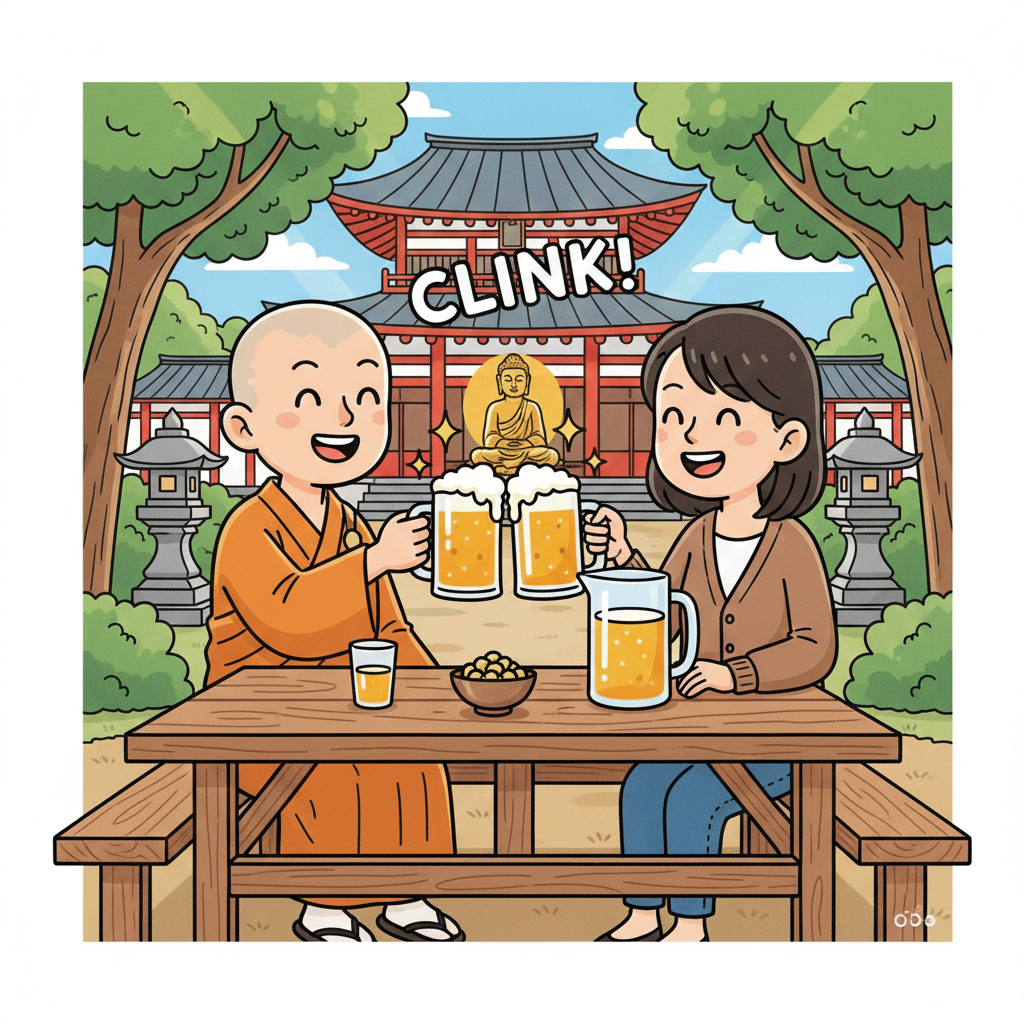 A monk sharing an alcoholic drink with a lay person
